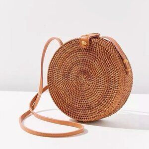 Urban Outfitter Round Hand Woven Straw Rattan Basket Purse Crossbody Bag Leather